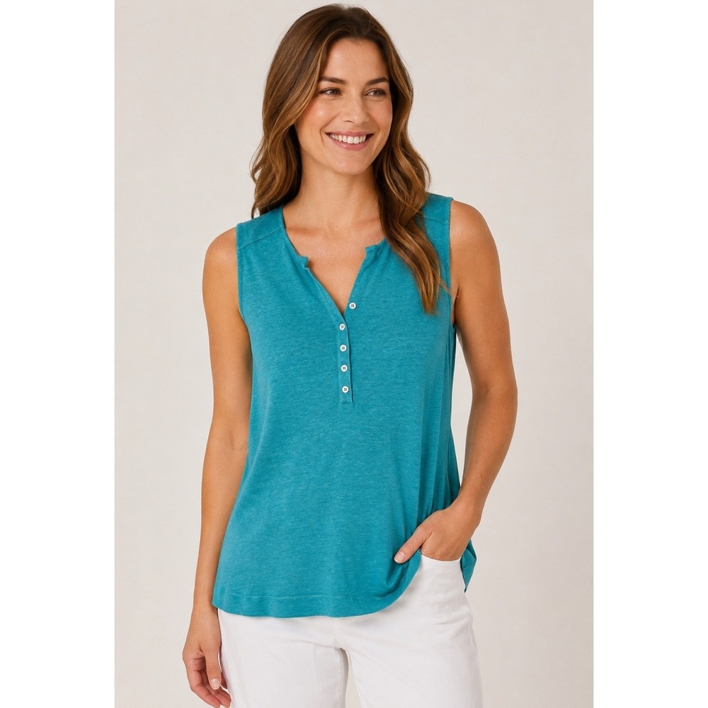 Pure Jill J. Jill Teal Blue 100% Linen Henley Sleeveless Tank Top Medium